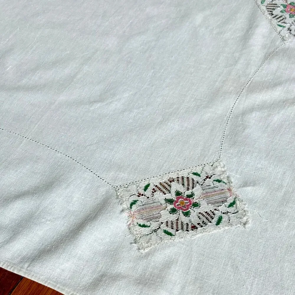 Vintage Cotton Cutwork Table Topper, Floral Embroidery 26.5x28